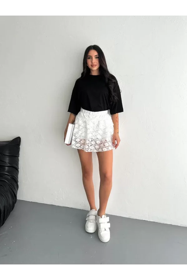 Luz&Pos Dantel Beli Lastikli Şortlu Mini Etek - Beyaz
