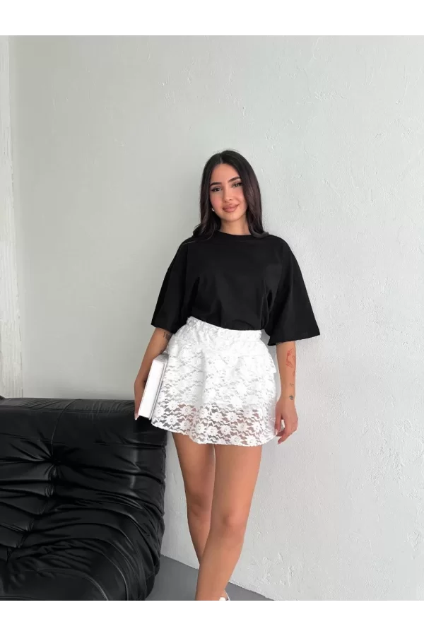 Luz&Pos Dantel Beli Lastikli Şortlu Mini Etek - Beyaz