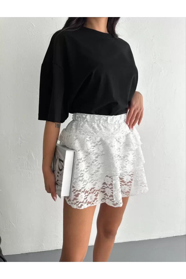 Luz&Pos Dantel Beli Lastikli Şortlu Mini Etek - Beyaz