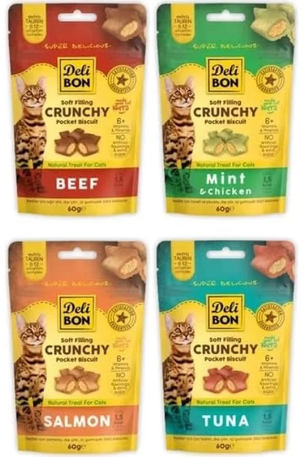 Delibon Crunchy İçi Dolgulu Bisküvi Karışık Kedi Ödülü Çeşitleri 4X60GR