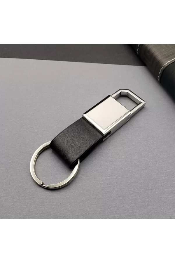 Deri Siyah Gümüş Metal Anahtarlık