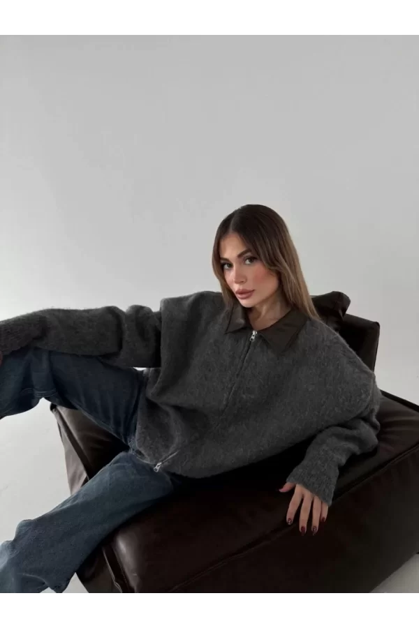 Luz&Pos Deri Yakalı Pamuk Dokulu Çift Taraflı Çalışan Fermuar Ceket - Füme