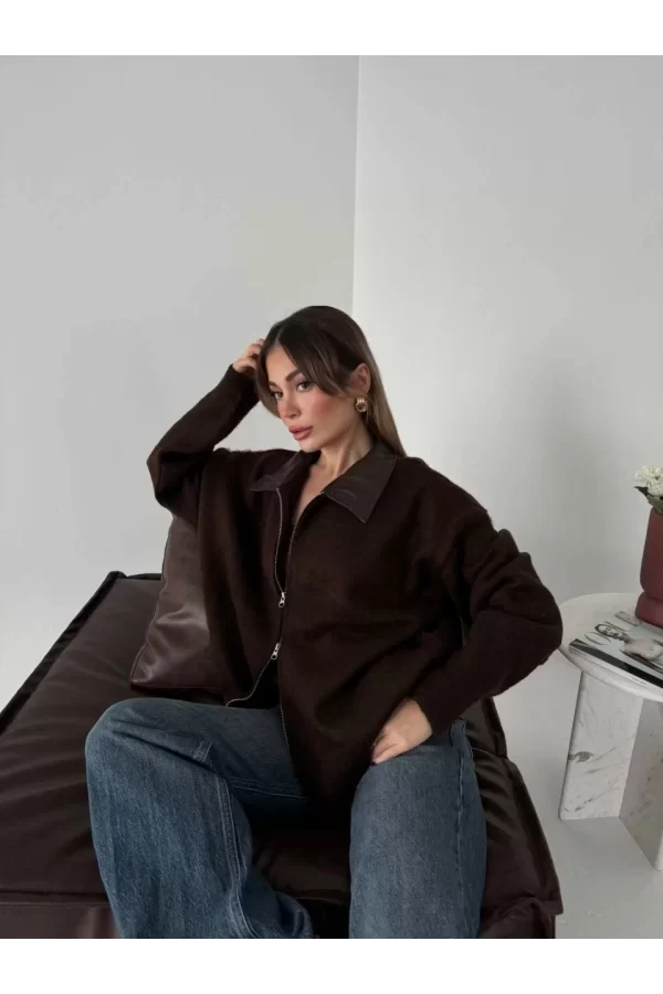 Luz&Pos Deri Yakalı Pamuk Dokulu Çift Taraflı Çalışan Fermuar Ceket - Kahve