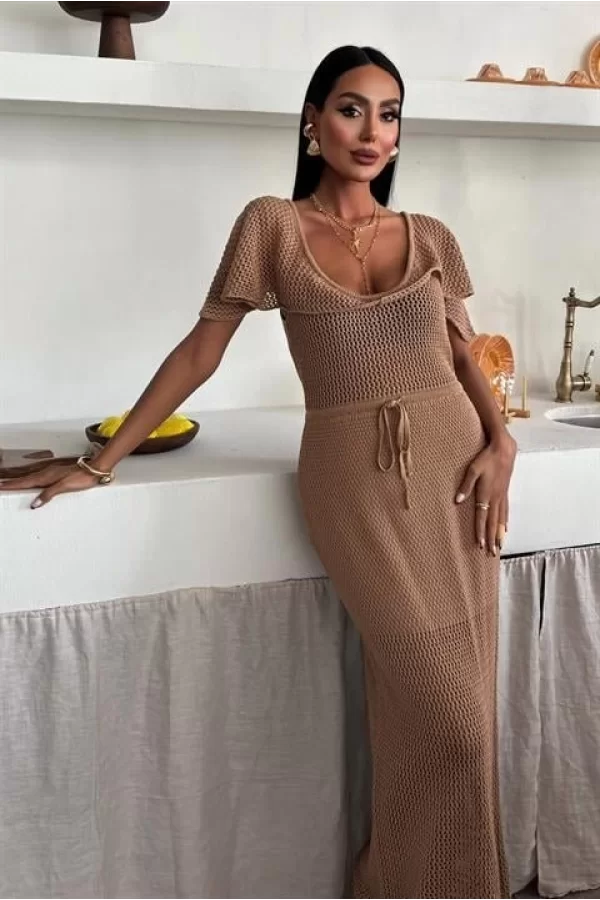 Derin Yakalı Ve File Detaylı Triko Elbise 2867