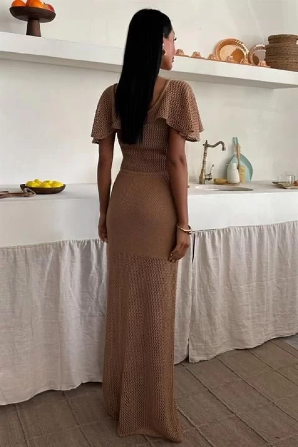 Derin Yakalı Ve File Detaylı Triko Elbise 2867