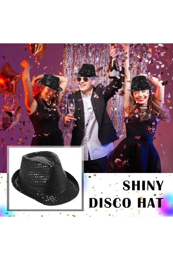 Disko Star Siyah Payetli Fötr Şapka Yetişkin Boy