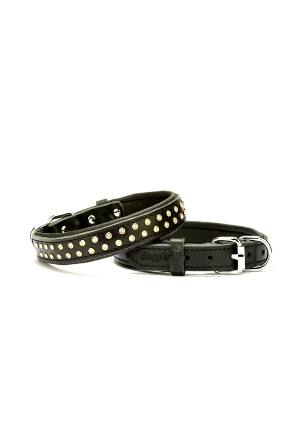 Doggie Konforlu Deri Swarovski Kristal Taşlı Köpek Boyun Tasması 2 x 28-34 cm Siyah