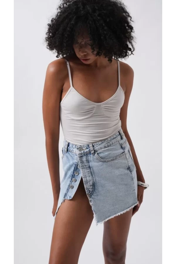Düğme Detay Asimetrik Denim Etek