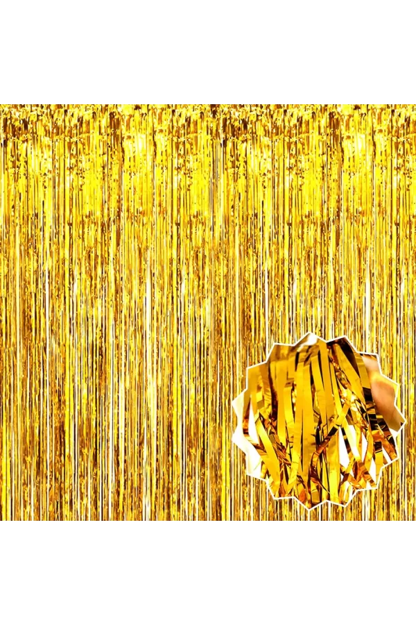 Ekstra Metalize Parlak Saçaklı Arka Fon Perde Gold