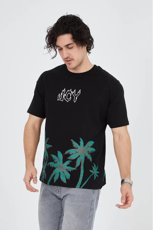 Luz&Pos Erkek Baskılı Bisiklet Yaka T-shirt - Siyah
