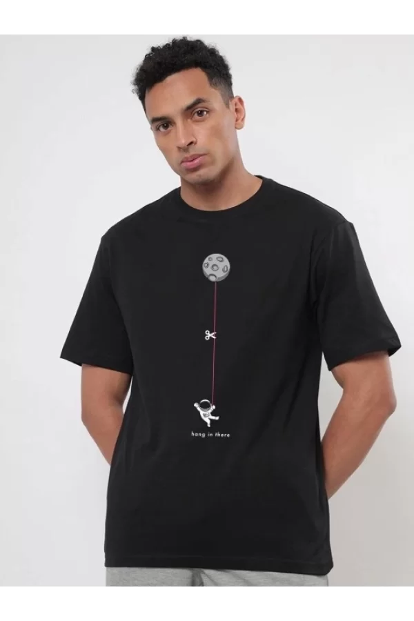 Erkek Baskılı Oversize T-shirt - Siyah