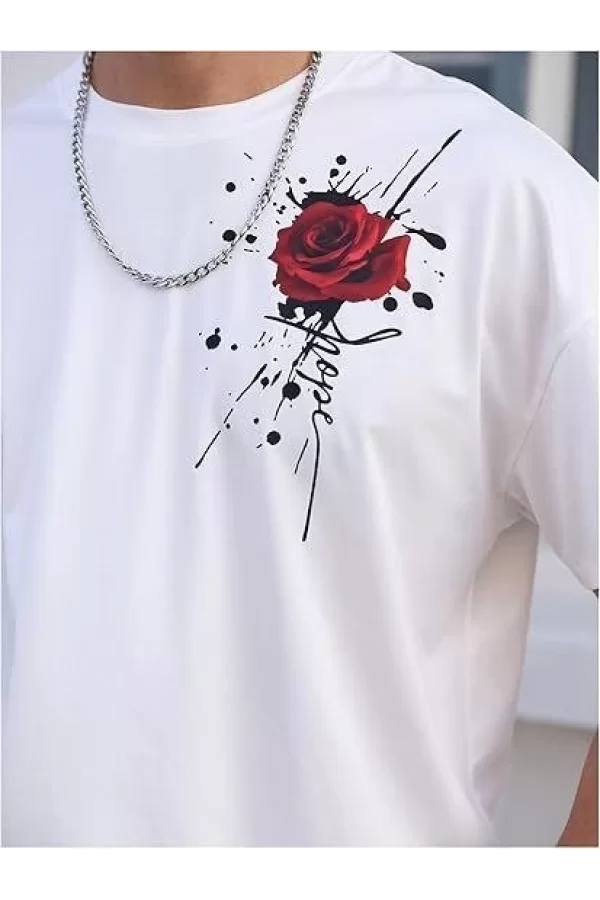 Erkek Bisiklet Yaka Kısa Kol Baskılı T-shirt - Beyaz