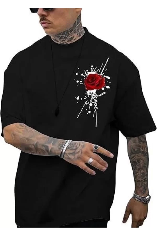 Erkek Bisiklet Yaka Kısa Kol Baskılı T-shirt - Siyah