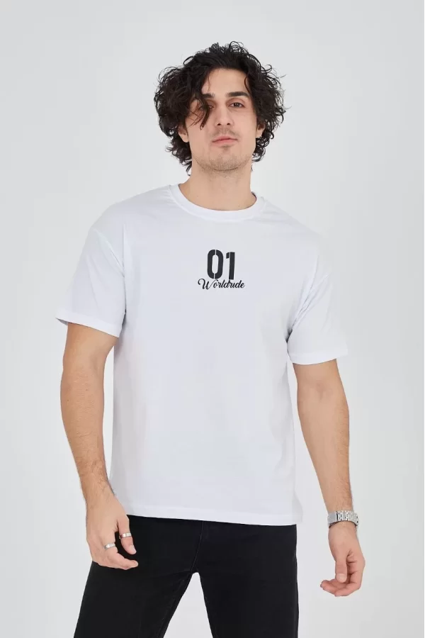 Luz&Pos Erkek Bisiklet Yakalı Baskılı T-shirt - Beyaz