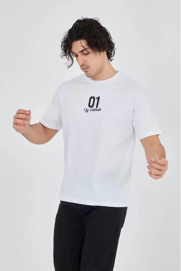 Luz&Pos Erkek Bisiklet Yakalı Baskılı T-shirt - Beyaz