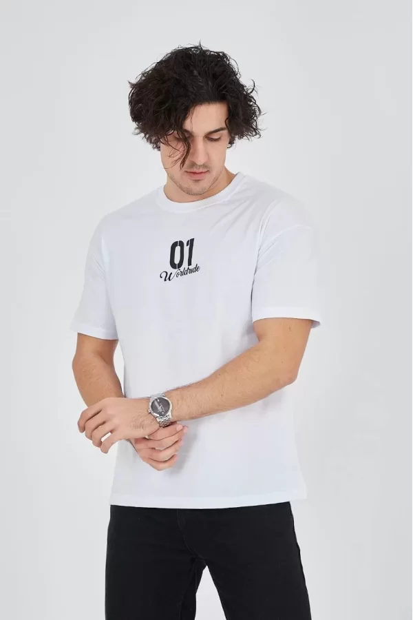 Luz&Pos Erkek Bisiklet Yakalı Baskılı T-shirt - Beyaz