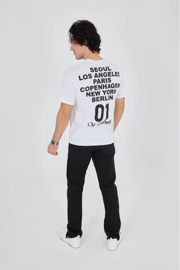 Luz&Pos Erkek Bisiklet Yakalı Baskılı T-shirt - Beyaz