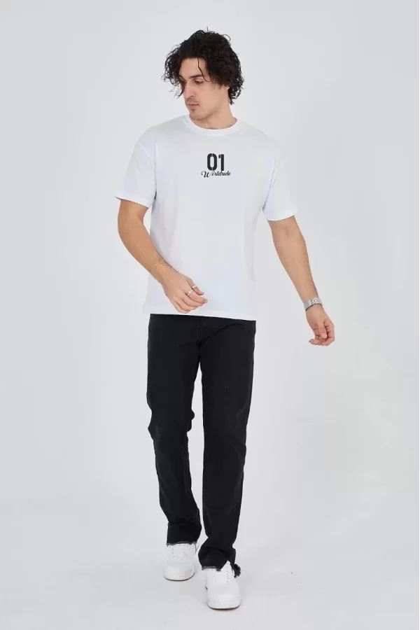 Luz&Pos Erkek Bisiklet Yakalı Baskılı T-shirt - Beyaz