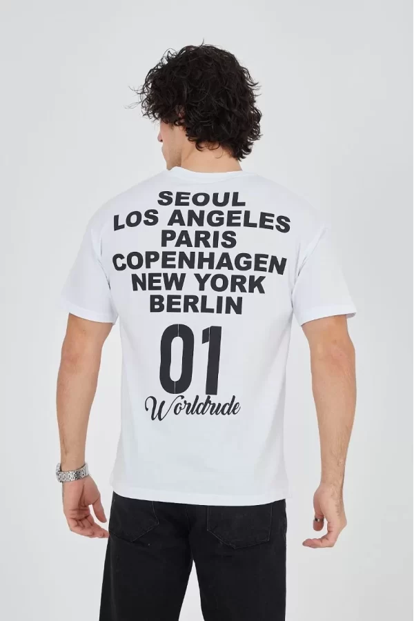 Luz&Pos Erkek Bisiklet Yakalı Baskılı T-shirt - Beyaz