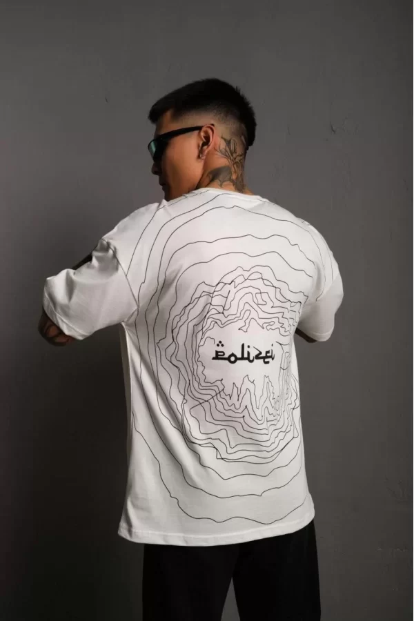 Luz&Pos Erkek Bisiklet Yakalı Sırt Baskılı Oversize T-shirt - Beyaz