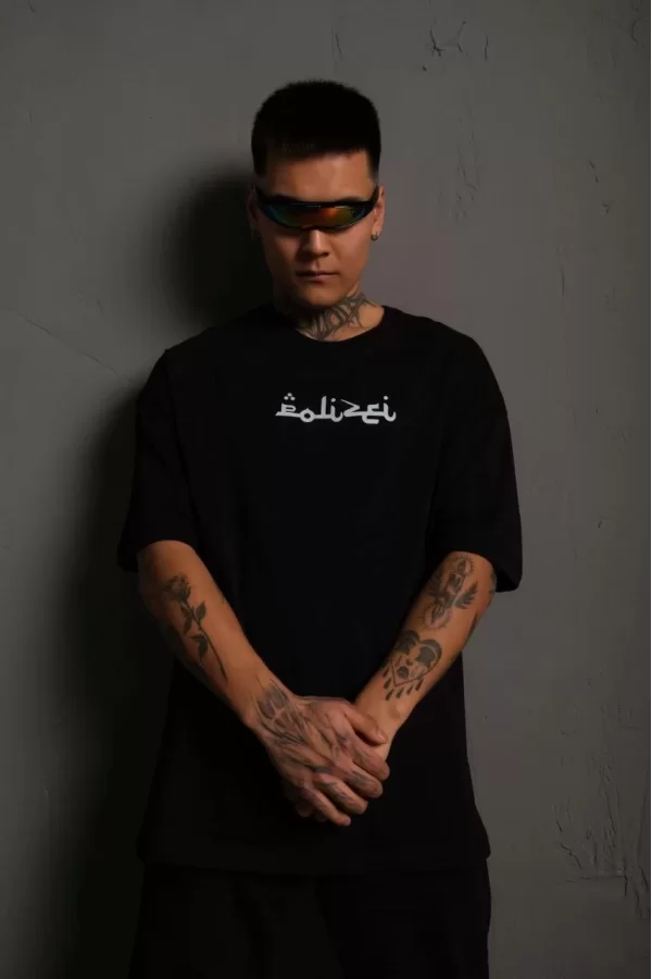 Luz&Pos Erkek Bisiklet Yakalı Sırt Baskılı Oversize T-shirt - Siyah