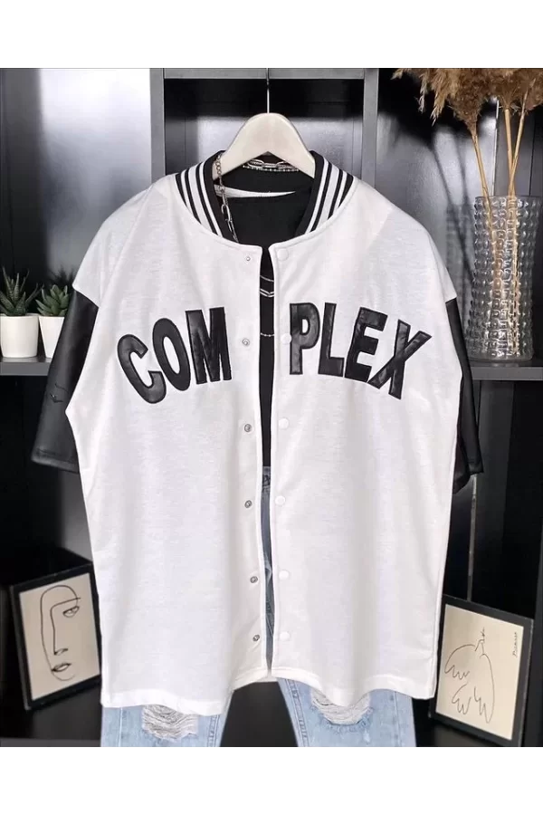 Luz&Pos Erkek Complex Kolları Deri Kolej Oversize T-shirt - Beyaz