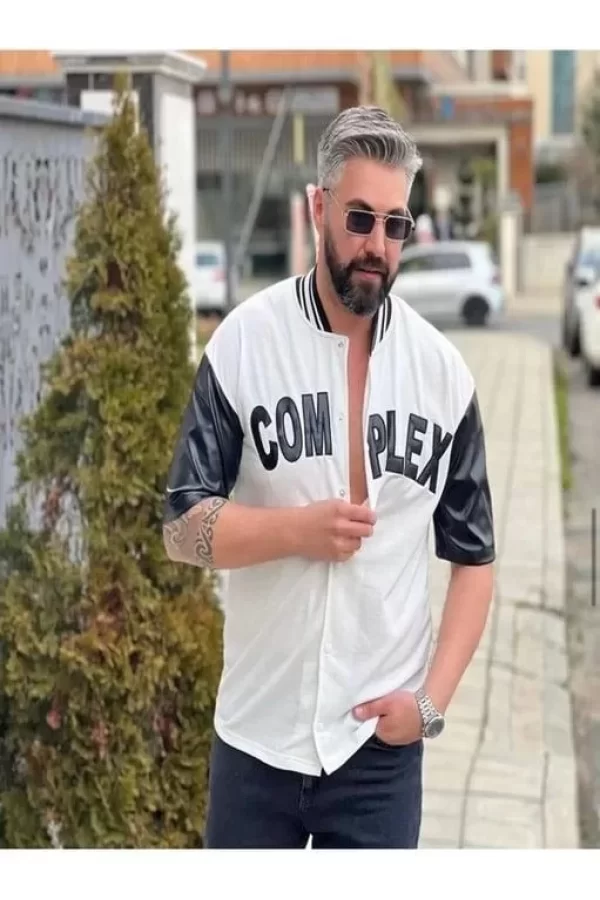 Luz&Pos Erkek Complex Kolları Deri Kolej Oversize T-shirt - Beyaz