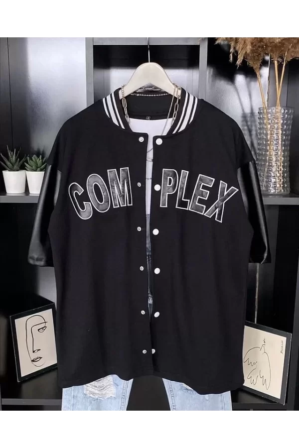 Luz&Pos Erkek Complex Kolları Deri Kolej Oversize T-shirt - Siyah