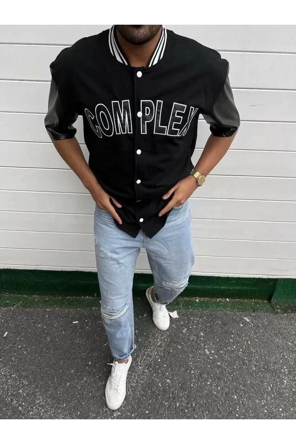Luz&Pos Erkek Complex Kolları Deri Kolej Oversize T-shirt - Siyah