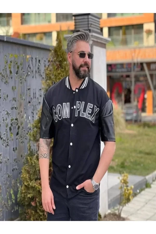Luz&Pos Erkek Complex Kolları Deri Kolej Oversize T-shirt - Siyah