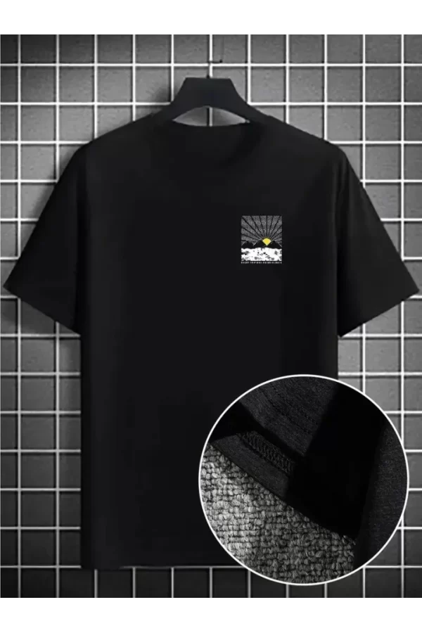 Erkek Dağ Grafikli Tişört, Yaz Için Büyük Beden Rahat T-shirt - Siyah