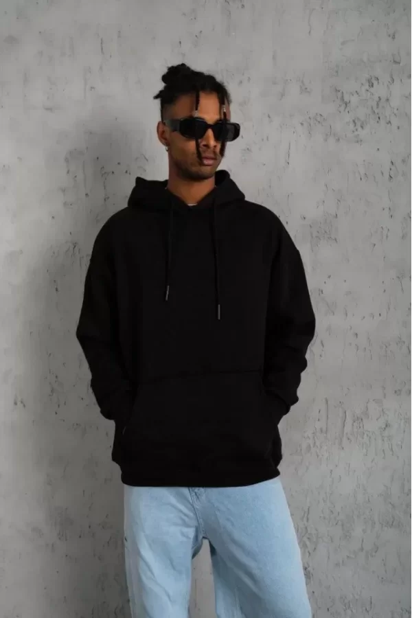 Erkek Düz Kapüşonlu Sweat - Siyah