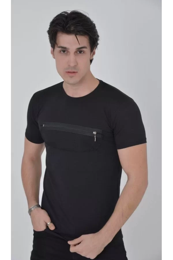 Luz&Pos Erkek Göğüste Fermuar Aksesuarlı Dar Kalıp T-shirt - Siyah