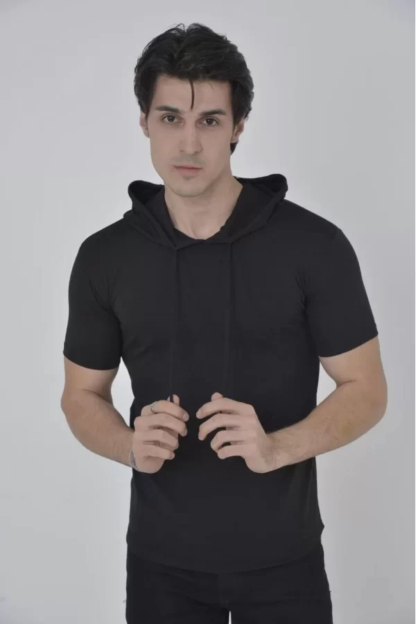 Luz&Pos Erkek Kapşonlu Slim Fit T-shirt - Siyah