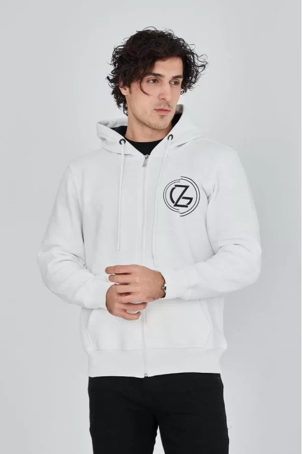 Luz&Pos Erkek Kapüşonlu Baskılı Fermuarlı Hırka - Beyaz