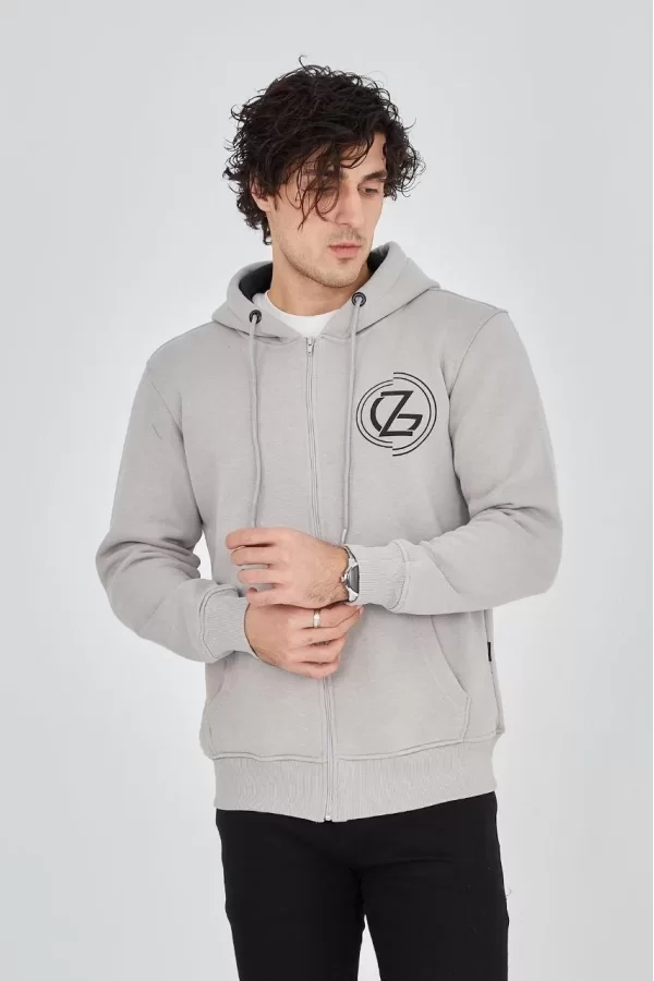 Luz&Pos Erkek Kapüşonlu Baskılı Fermuarlı Hırka - Boyalı Gri