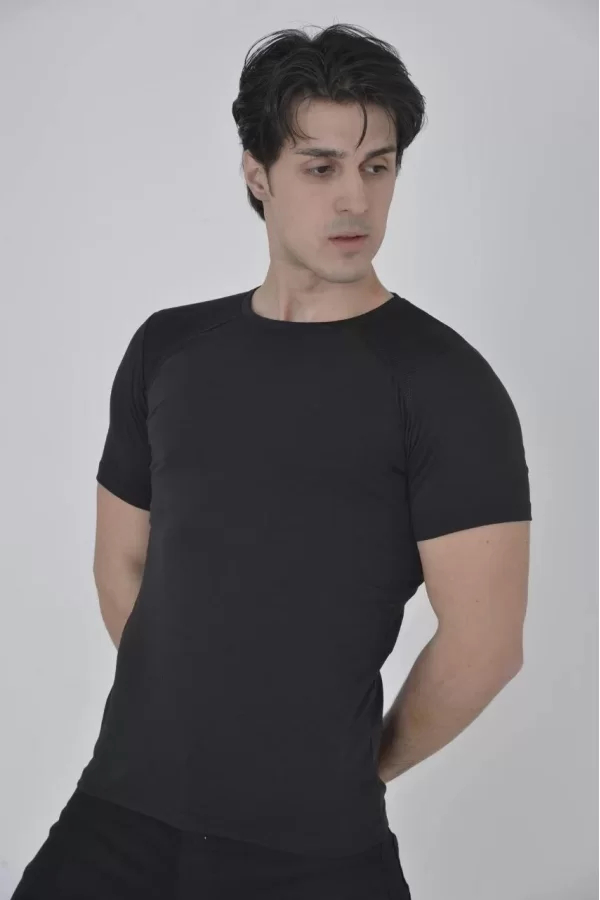 Luz&Pos Erkek Omuz Fileli Slim Fit T-shirt - Siyah