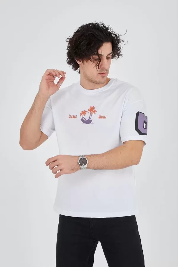 Luz&Pos Erkek Ön Ve Arka Baskılı T-shirt - Beyaz