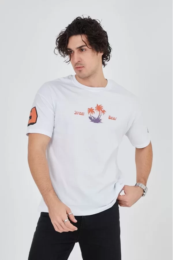 Luz&Pos Erkek Ön Ve Arka Baskılı T-shirt - Beyaz