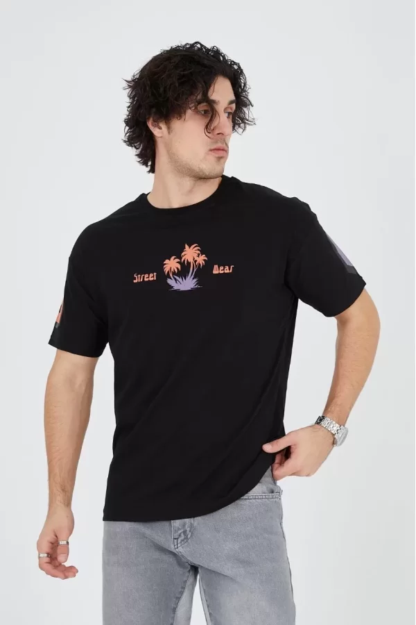 Luz&Pos Erkek Ön Ve Arka Baskılı T-shirt - Siyah
