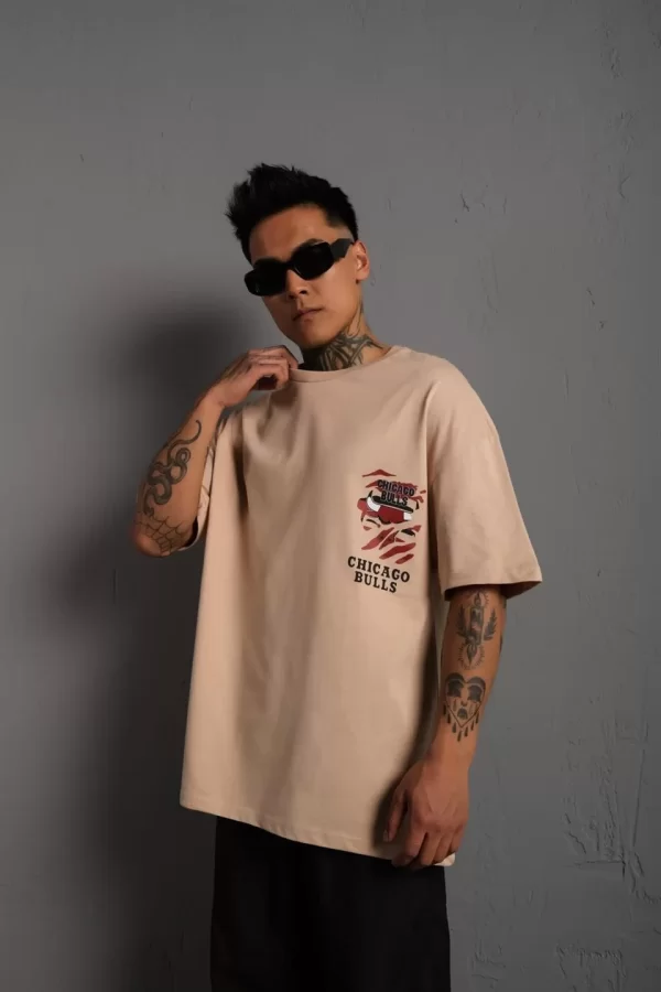 Luz&Pos Erkek Sırt Baskılı A Kalite Oversize T-shirt - Bej