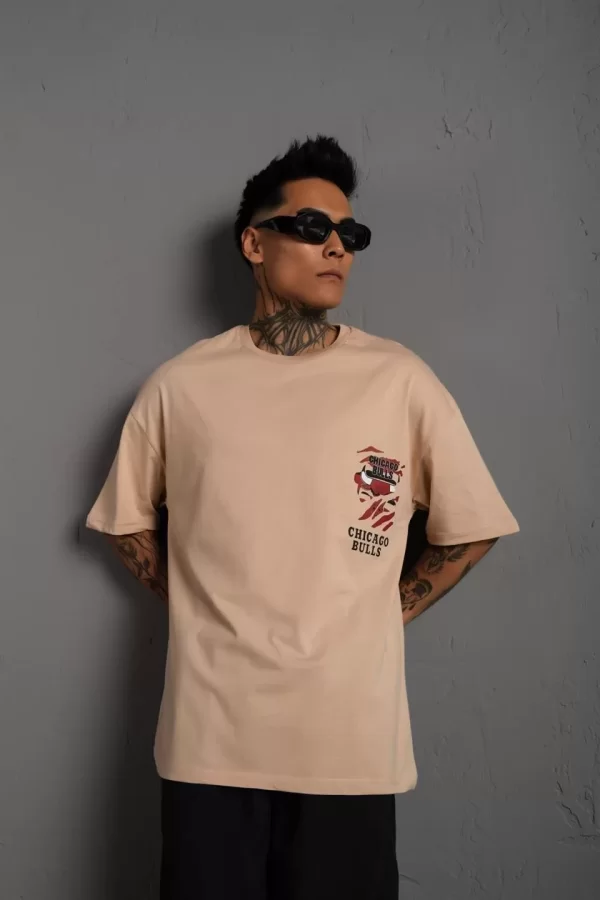 Luz&Pos Erkek Sırt Baskılı A Kalite Oversize T-shirt - Bej