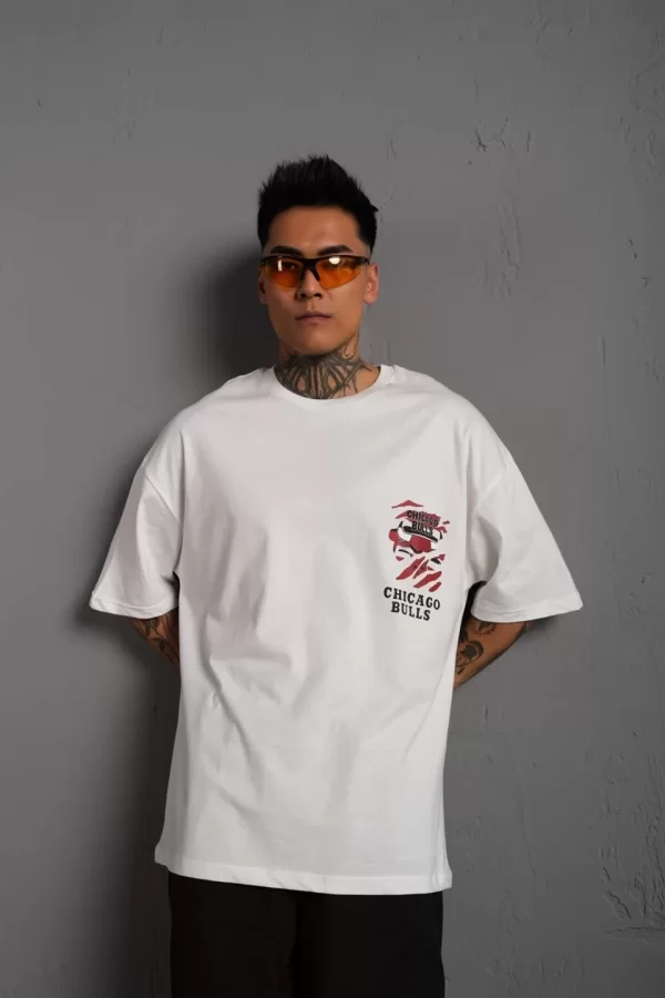 Luz&Pos Erkek Sırt Baskılı A Kalite Oversize T-shirt - Beyaz