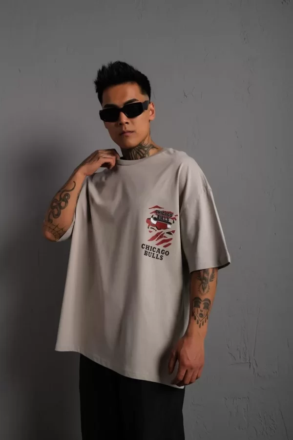 Luz&Pos Erkek Sırt Baskılı A Kalite Oversize T-shirt - Gri