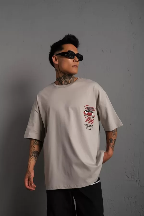 Luz&Pos Erkek Sırt Baskılı A Kalite Oversize T-shirt - Gri