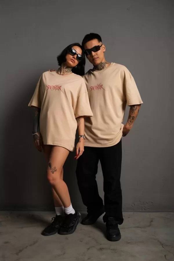 Luz&Pos Erkek Sırt Baskılı Oversize T-shirt - Bej