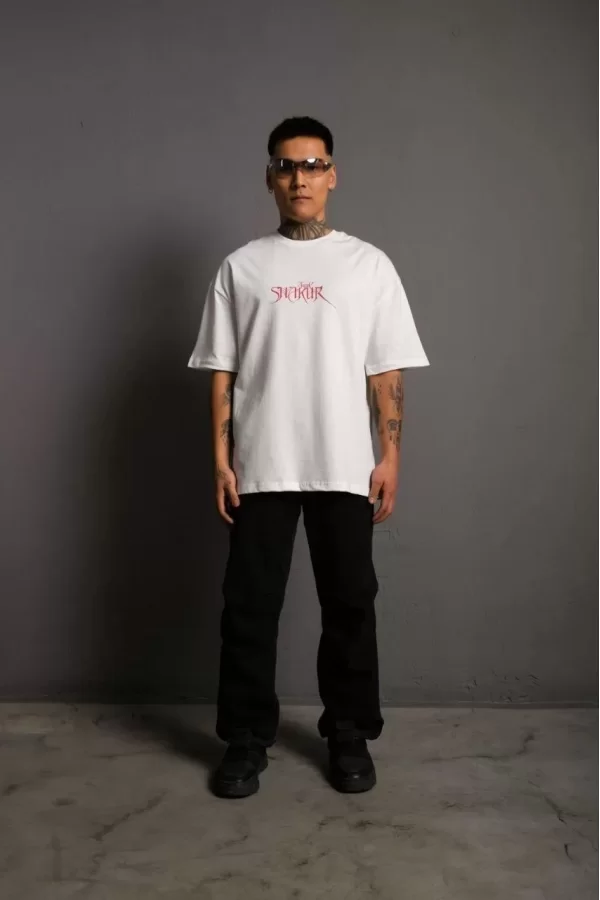 Luz&Pos Erkek Sırt Baskılı Oversize T-shirt - Beyaz