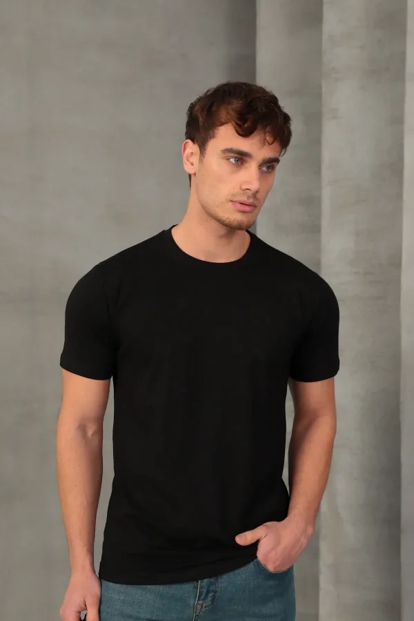 Erkek Slim Fit Bisiklet Yaka %100 Pamuk Dar Kesim Basic Tişört
