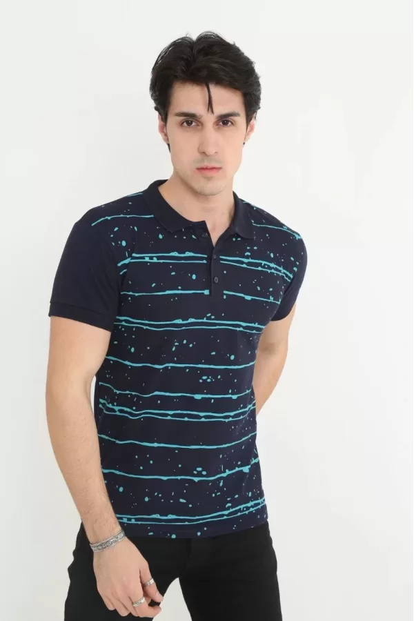 Luz&Pos Erkek Yakalı Slim Fit Pike Çizgili T-shirt - Lacivert