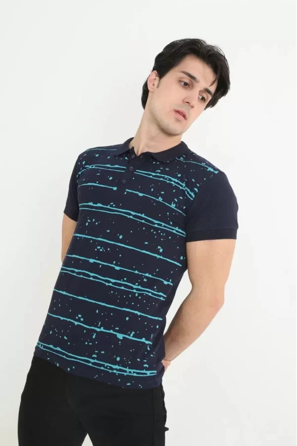 Luz&Pos Erkek Yakalı Slim Fit Pike Çizgili T-shirt - Lacivert
